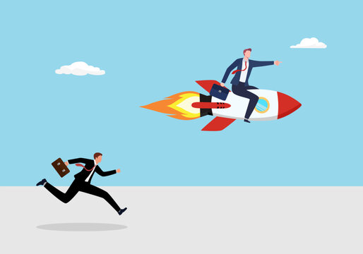 business man running and other business man on a rocket vehicle. colorful design. competitive business concept. vector illustration