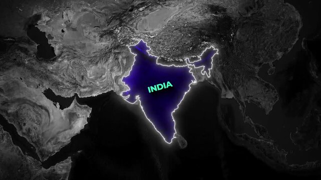 Dark geographical map animation highlighting the nation of India with a glowing blue interior