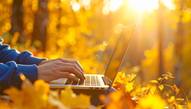 close-up of hands typing on a laptop in a golden autumn forest. Person wearing blue sleeves, laptop balanced on lap. Warm golden hour lighting with soft lens flare and bokeh background of yellow folia