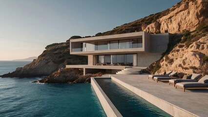 Fototapeta premium Modern minimalist luxury villa built on a rocky cliff with an infinity pool overlooking the ocean