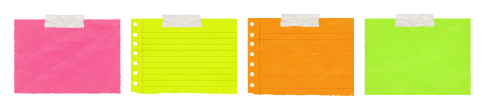 neon sticky notes and lined paper sheets with white masking tape isolated on transparent background