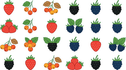 Cute berry icons collection with colorful strawberry raspberry blackberry and blueberry vectors flat cartoon illustration isolated on white background for kids © MdArif