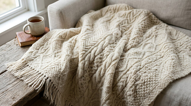 Cozy bed with soft knitted blanket
