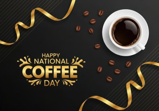 Happy national coffee day celebration graphic with coffee cup and beans