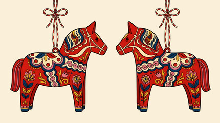 Obraz premium Vector Illustration of a Pair of Iconic Red Dala Horses with Traditional Swedish Folk Art Floral Patterns, Facing Each Other on a Light Background with Copy Space