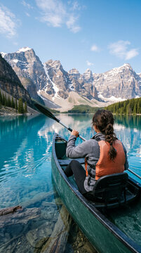 Mujer remando en kayak sobre un lago de aguas turquesas rodeado de imponentes monta&ntilde;as, disfrutando de una aventura al aire libre en un paisaje natural espectacular.