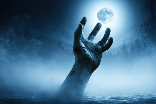 Creepy Zombie Hand Rising from Ground in Foggy Night Horror Halloween Background