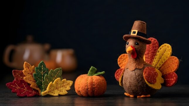 Handmade Felt Thanksgiving Turkey with Pumpkin and Autumn Leaves on Dark Wooden Table