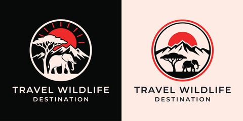 African safari emblem with elephant and mountains in circular frame with travel wildlife destination text © najmulhusan120