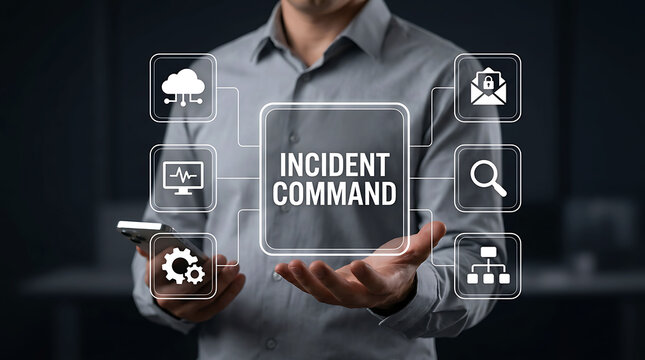 Incident Command system concept man holding futuristic interface icons