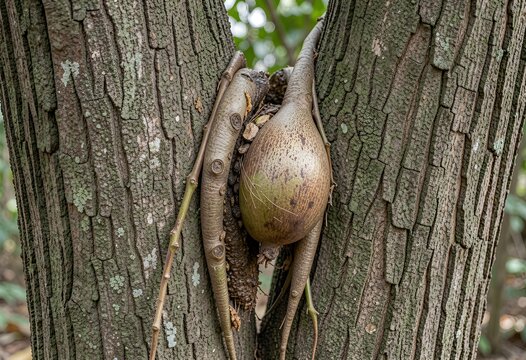 Magnificent Strangler Fig Fruit Growing Between Tree Trunks in Tropical Forest