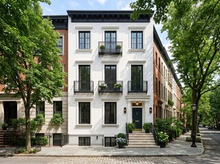 Fototapeta premium White townhouse facade with black windows on tree lined street