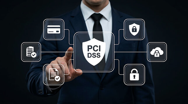 Businessman touching PCI DSS shield icon for credit card payment security