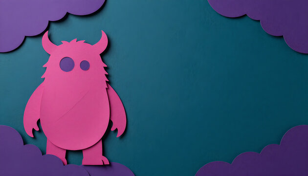 Magenta Monster in Paper Cut Halloween Scene: Playful Decoration