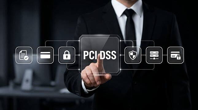 Businessman touching PCI DSS icon for secure payment compliance technology