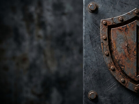 Ancient rusty cybersecurity shield emblem on dark industrial metal plate representing digital defense and safety
