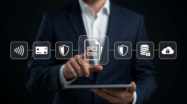 Businessman touching PCI DSS button for online payment security compliance