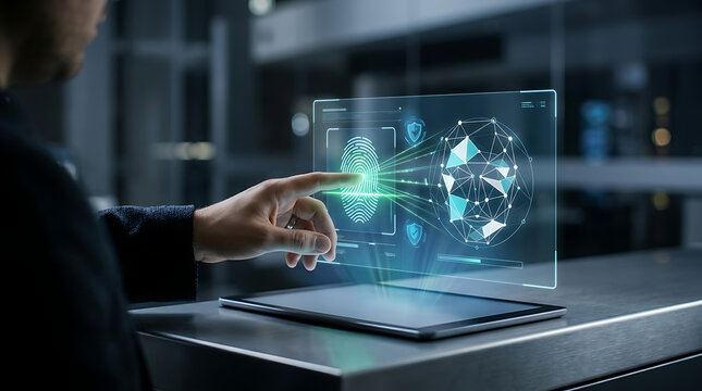 Professional using futuristic holographic data visualization interface on tablet with hologram visualization technology interface futuristic business