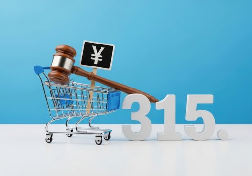 Consumer rights day concept with gavel and shopping cart