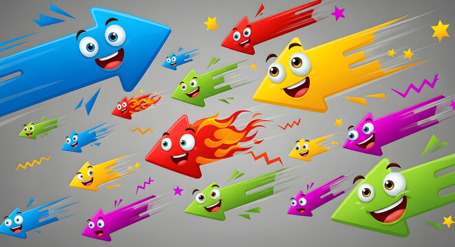 Colorful Cartoon Arrows with Happy Faces Flying Fast Representing Speed and Success