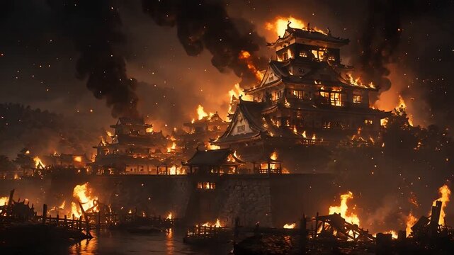 Japanese Castle Burning in a Massive Fire