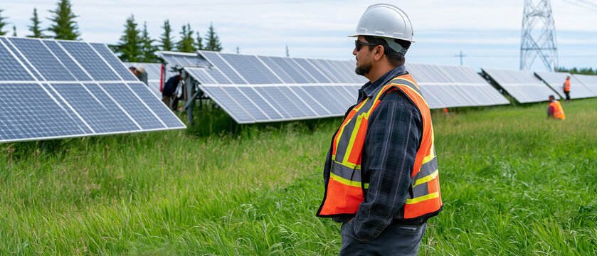 Solar Panel Technician: A diligent solar panel technician, clad in a hard hat and reflective vest, oversees the expansive array of solar panels, signifying a commitment to renewable energy.