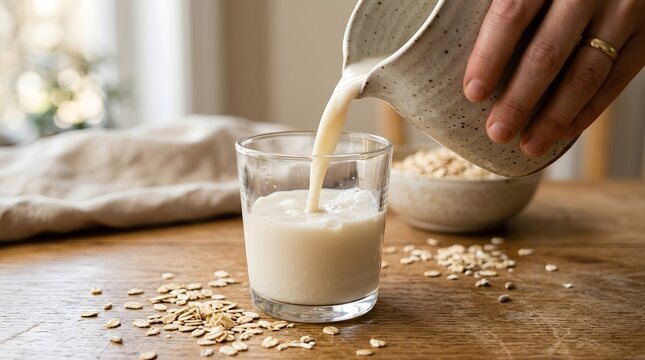 Pouring fresh homemade plant-based milk into glass jar, non-dairy almond milk being strained for healthy vegan beverage, perfect for world plant milk day
