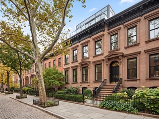 Fototapeta premium Brownstone row houses with autumn street trees and rooftop glass addition