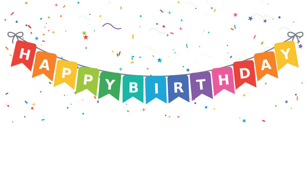 happy birthday bunting garland with confetti. rainbow lettered pennant flags on string. colourful party banner with scattered streamers. festive celebration flag decoration
