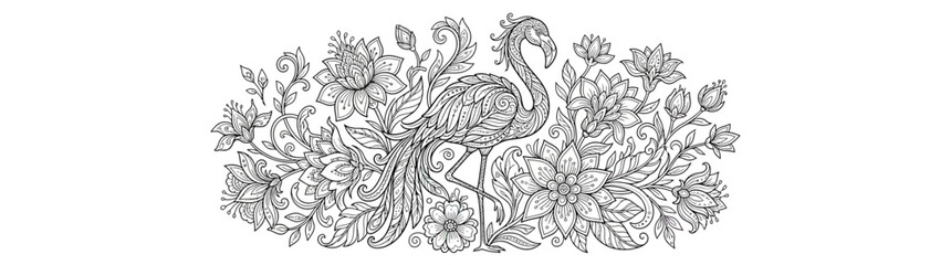 Fototapeta premium Elegant flamingo surrounded by intricate floral elements, line art.