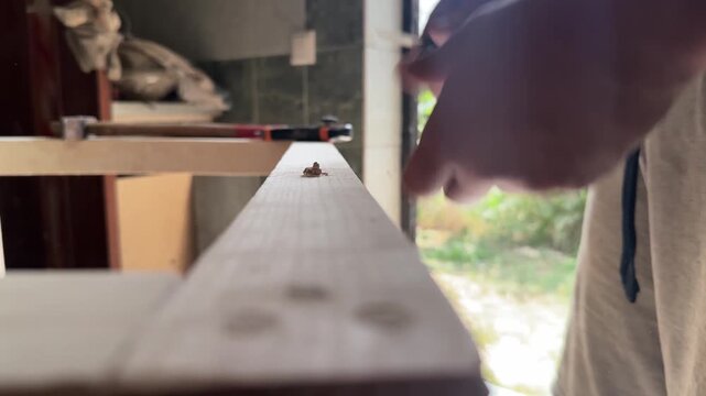 driving a dowel into a wooden beam . High quality 4k footage