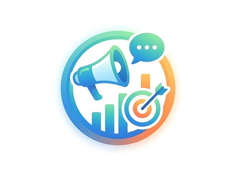 Marketing icon with megaphone speech bubble target and graph illustration.