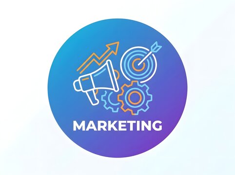 Marketing icon with megaphone target and gears on a blue gradient background.