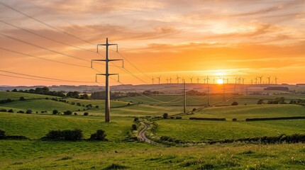 Obraz premium Serene Landscape at Sunset with Power Lines and Wind Turbines in the Distance