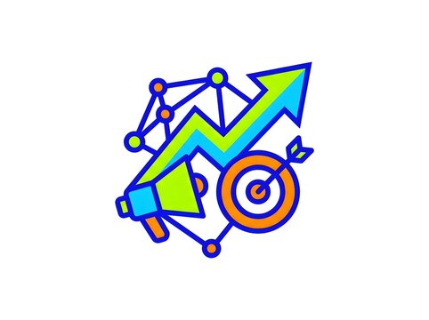 Marketing icon with growth chart megaphone and target on white background.