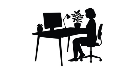 Fototapeta premium Person Working At Desk With Computer Black Silhouette