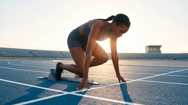Female runner at the starting block on a running track preparing to sprint