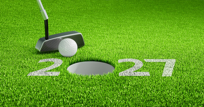 Closeup of golf ball putting and the year number 2026 on green grass - 3D illustration