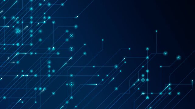 Digital circuit board animation with glowing blue nodes and connecting lines on dark background.