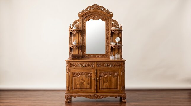 Vintage wooden vanity dresser with an ornate carved mirror and storage shelves isolated on a white background