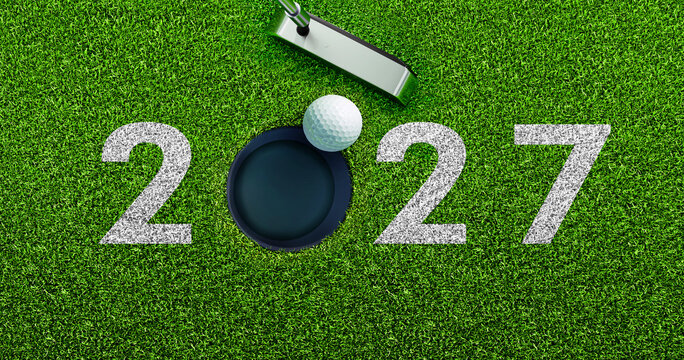 Closeup of golf ball putting and the year number 2026 on green grass - 3D illustration