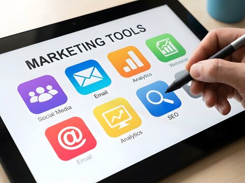 Marketing tools icon set on tablet screen digital marketing concepts and strategies.