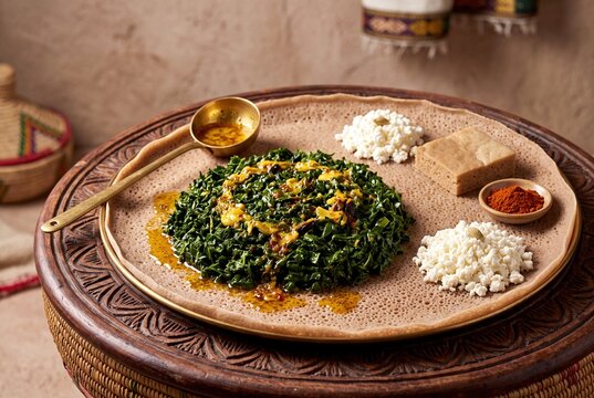 Traditional Ethiopian Gomen Kitfo dish featuring minced kale with spiced butter served on injera bread.
