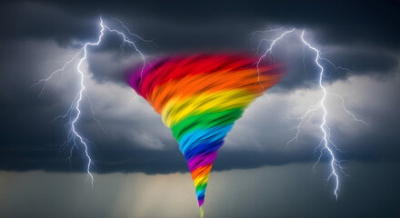 Obraz premium Surreal rainbow tornado funnel spinning through dark stormy sky with lightning bolts during extreme weather disaster