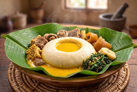 Traditional Cameroon taro achu dish freshly served with yellow soup, meats, and vegetables on banana leaf.