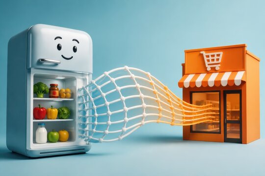 Online grocery delivery concept with smiling fridge and storefront 3D render