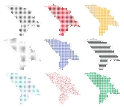 Moldova map vector collection, colorful pixelated country silhouettes, 9 dotted map icons for infographics