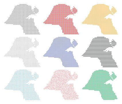 Kuwait map vector set, colorful dotted and lined country silhouettes, 9 geographic icons for infographics