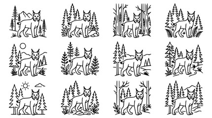 Lynx in Forest Collection: Line Art Illustrations of Wild Cat in Nature Settings © Undur