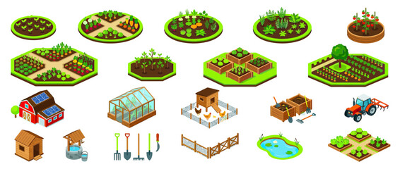 Isometric farm elements and crops illustration © Jarwo